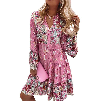 Plus Size Women's Round Neck Button Front Floral Print Dress - Spring Summer Patchwork Midi Dress - DropOnline.co