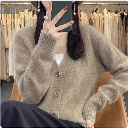V-neck Long-sleeved Knitted Cardigan Simple And Loose-fitting Sweater Coat