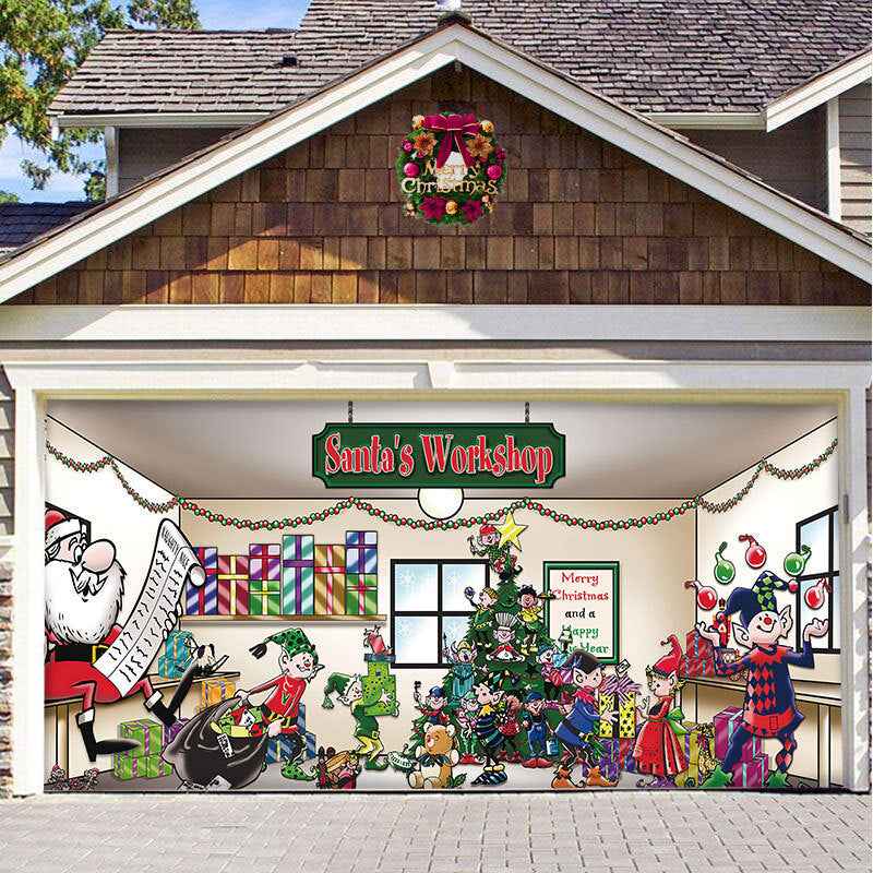 Christmas Garage Door Cover - Polyester Background Hanging Cloth Holiday Party Decoration - DropOnline.co