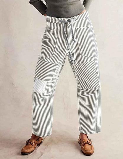 Fashion Commuter Casual Loose Wide Leg Striped Stitching Drawstring Pocket Trousers