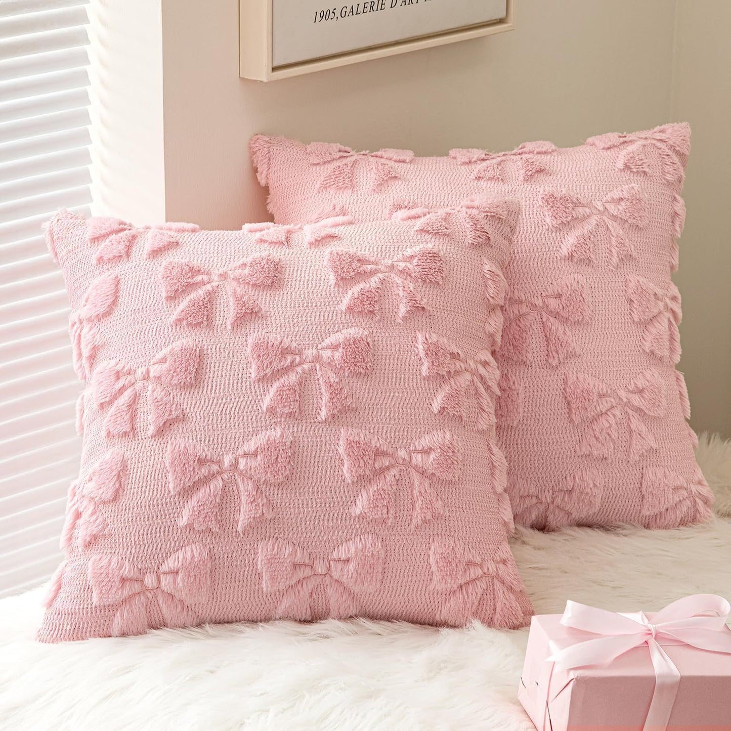 Embroidered Bow Plush Pillow Cover