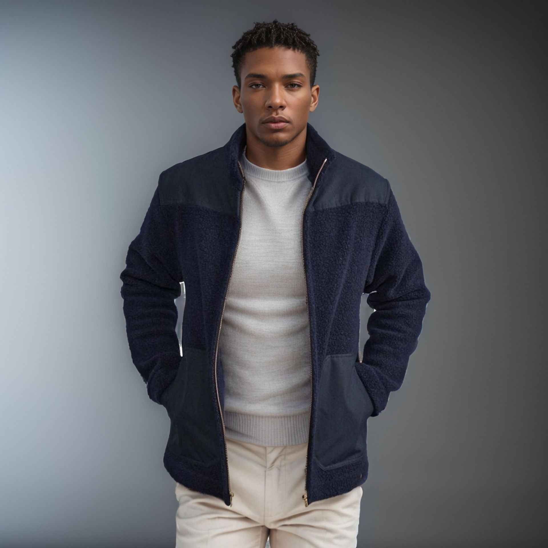 Men's Fleece Patchwork Color-Block Stand-Up Collar Fashion Jacket