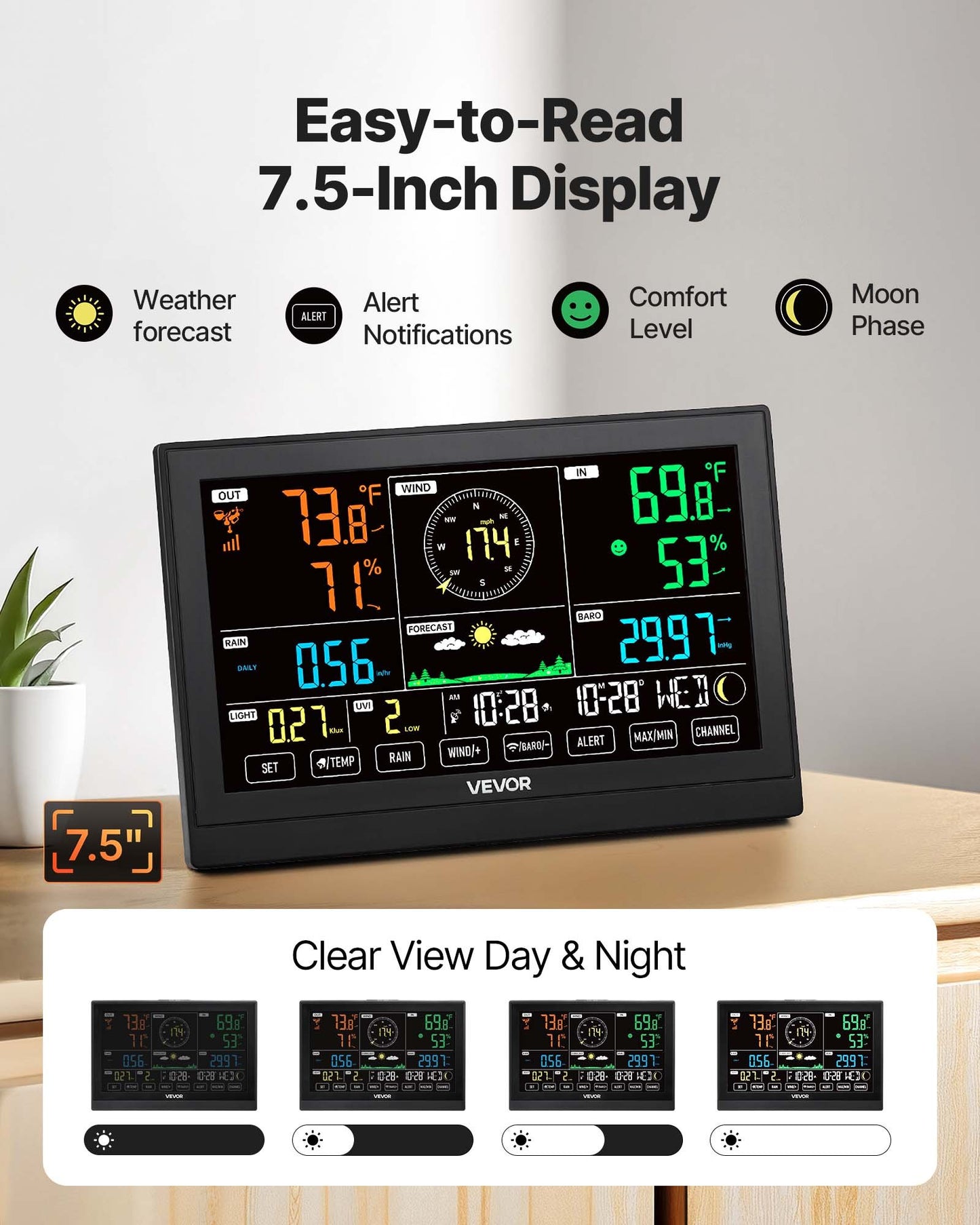 7-in-1 Wireless Weather Station 7.5 In Display Indoor Outdoor Thermometer Sensor