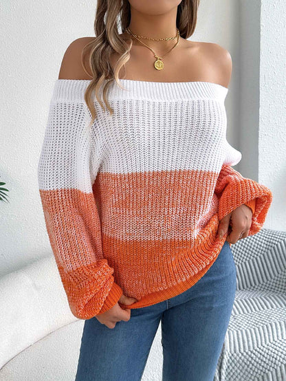Women Casual Color Block Off-Shoulder Lantern Sleeve Pullover Sweater