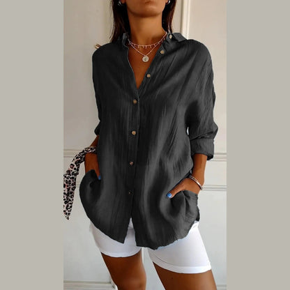 Women's Lapel Long Sleeve Shirt - Single-Breasted Pleated Button-Up - DropOnline.co