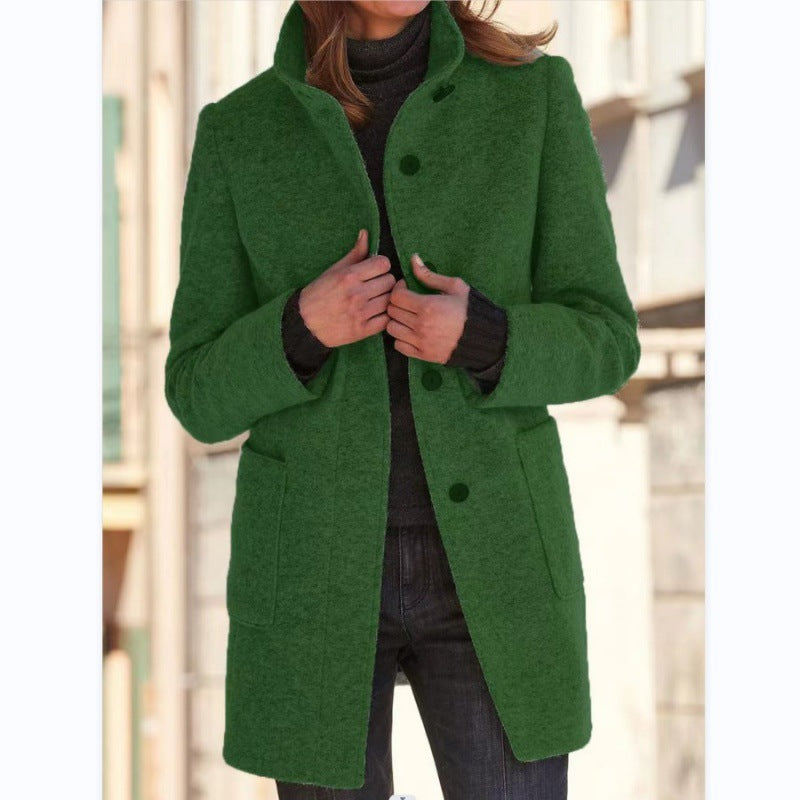 Pure Color Button Stand Collar Woolen Outwear