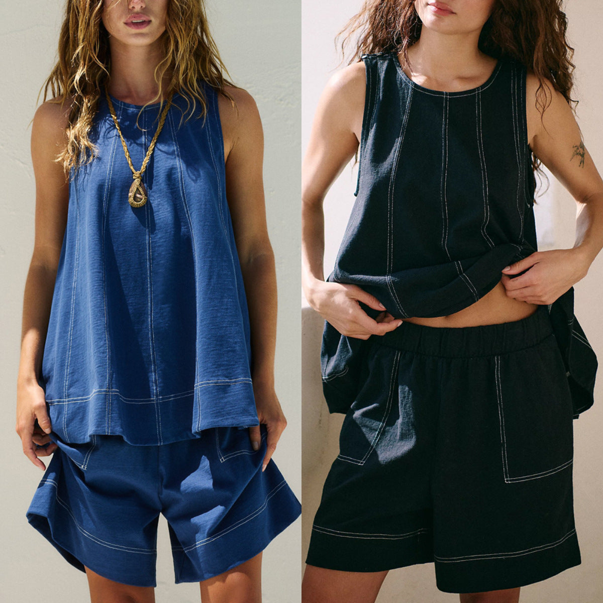 Casual Loose Pocketed Sleeveless Tank Top And Shorts Denim Two-Piece Set