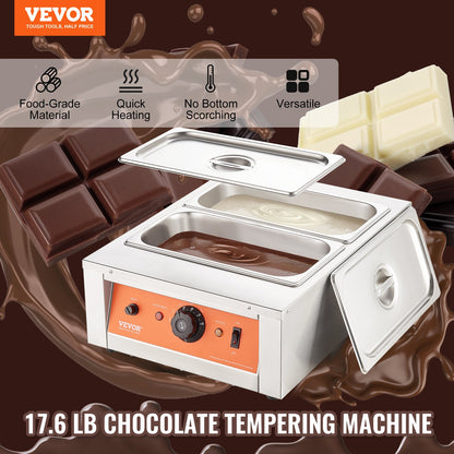 Chocolate Tempering Machine, 17.6 Lbs 2 Tanks Chocolate Melting Pot TEMP Control 86~185F, 1500W Stainless Steel Electric Commercial Food Warmer For Chocolate/Milk/Cream Melting And Heating