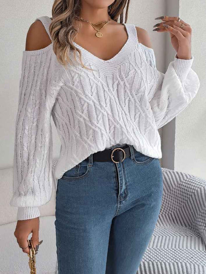 Women Casual Solid Color Cable Knit Off-Shoulder Lantern Sleeve Sweater