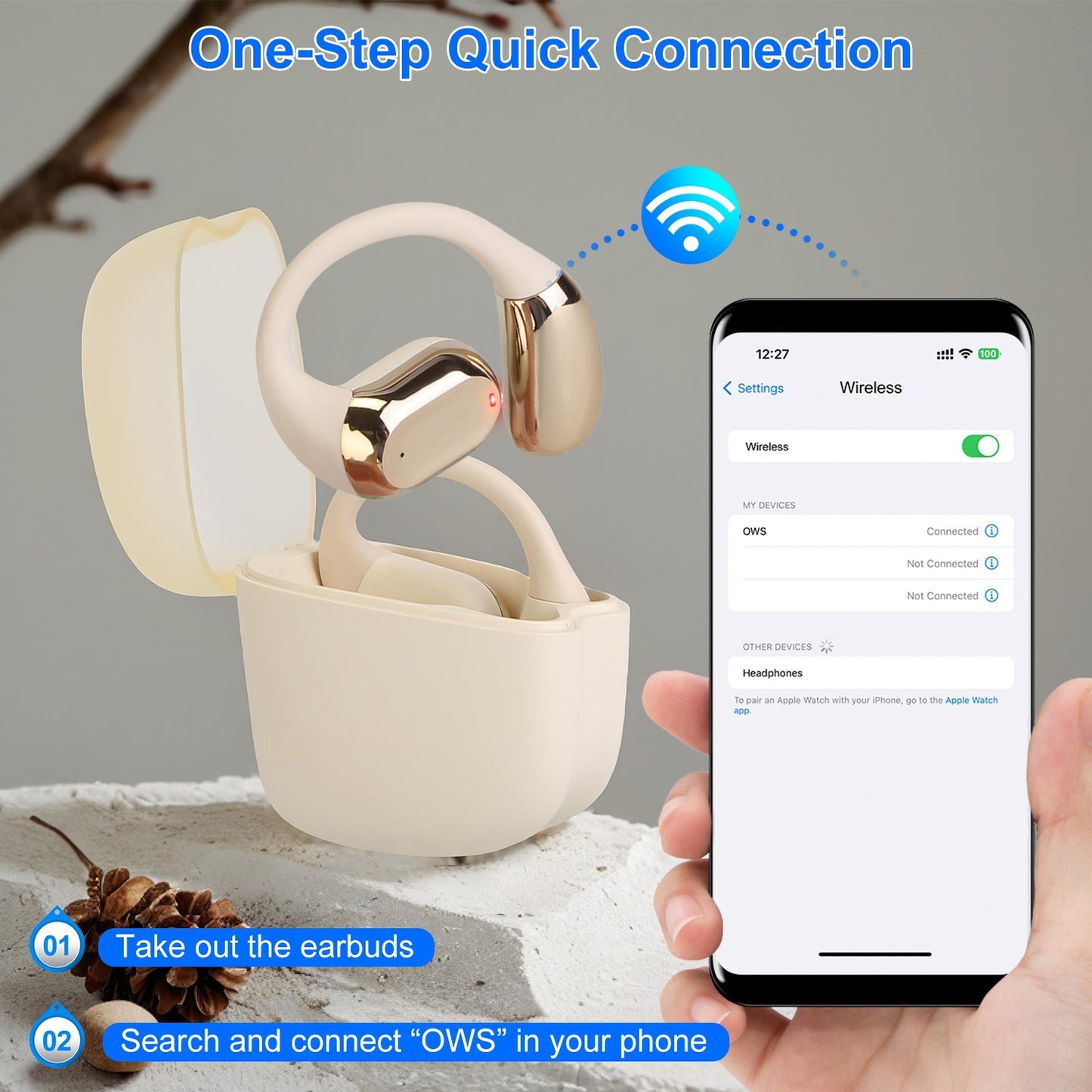 Wireless V5.4 Open Ear Earbuds - IPX5 Waterproof Sport Headphones with LED Charging Case