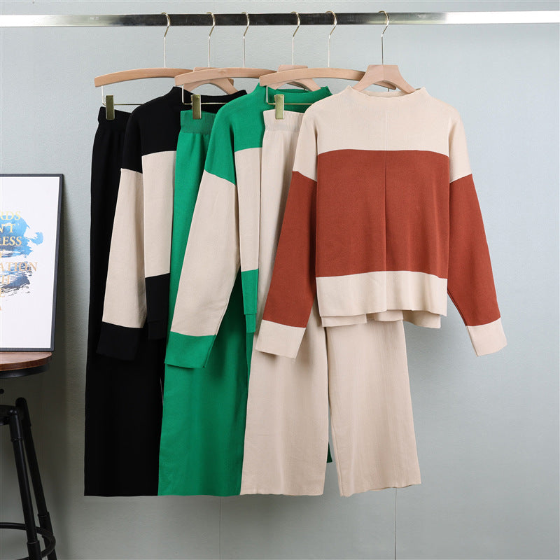 Loose Color-Blocked Sweater and Wide-Leg Pants Set - Trendy Two-Piece Outfit