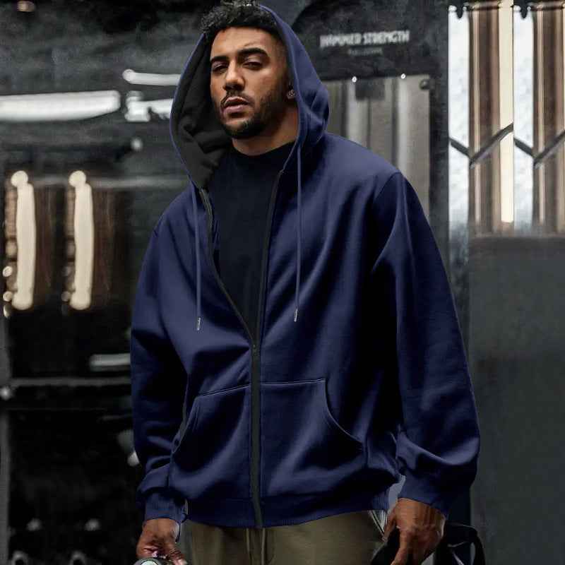Men's Fleece-lined Loose Drawstring Hooded Zip-up Sweater