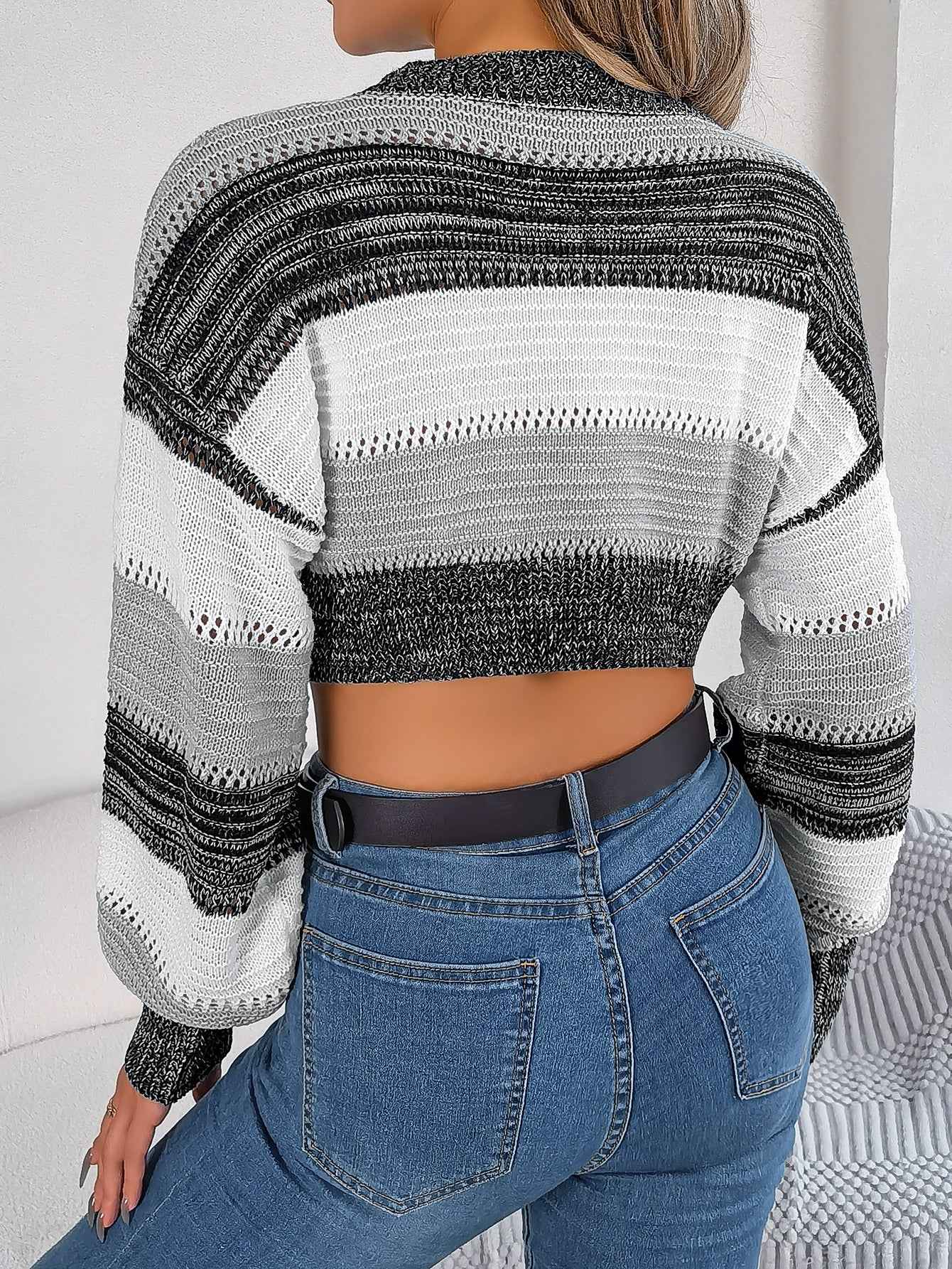 Women Casual Color Block Lantern Sleeve Cropped Pullover Sweater