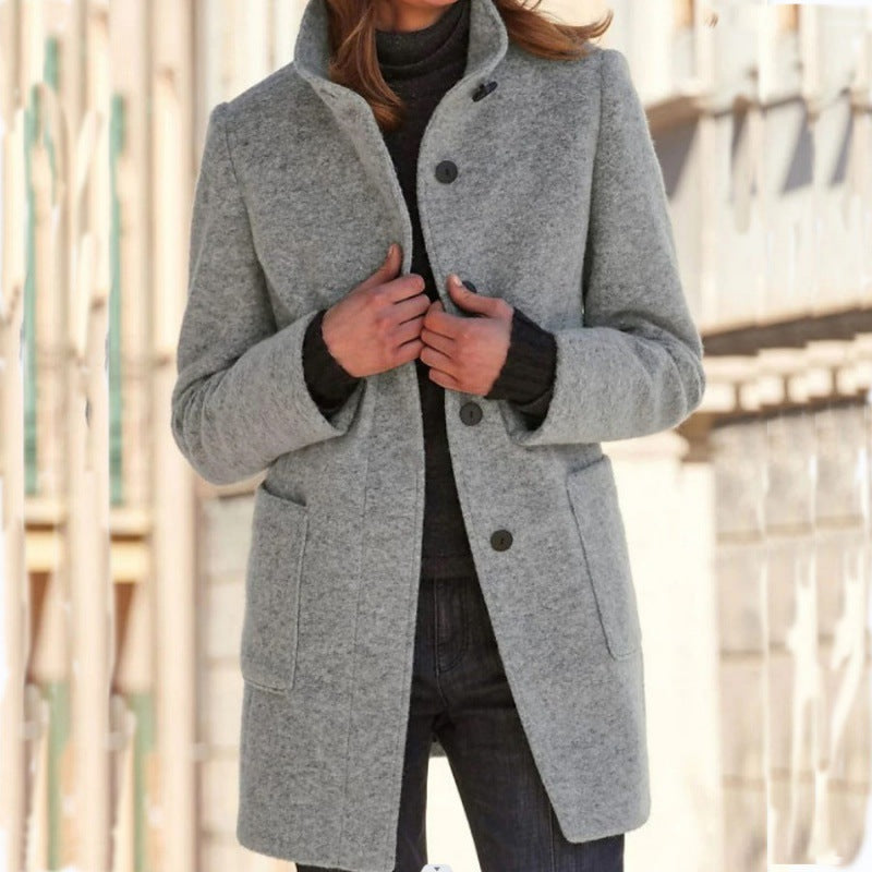 Pure Color Button Stand Collar Woolen Outwear