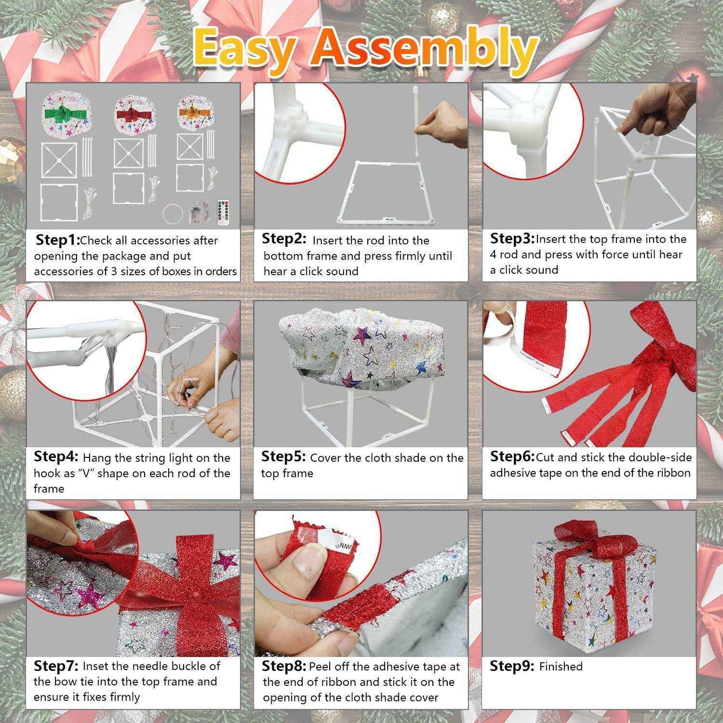 Set of 3 Christmas Lighted Gift Boxes - 50 LED Star/Deer Pattern IP44 Waterproof - DropOnline.co