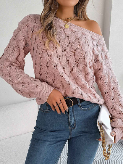 Women Casual Feather Hollow Out Off-Shoulder Lantern Sleeve Sweater