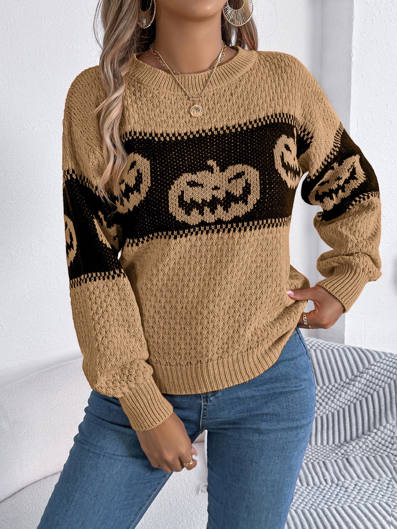 Halloween Pumpkin Pullover Sweater - Women's Long Sleeve Knitted Top