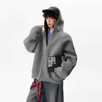 American Contrast Color Zipper Hooded Cardigan Sweater