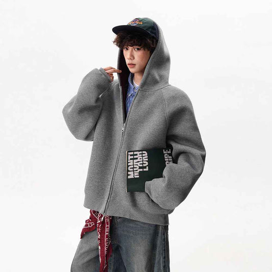 American Contrast Color Zipper Hooded Cardigan Sweater