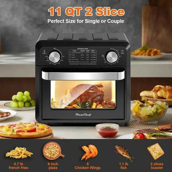 11QT Compact Air Fryer Toaster Oven, 1000W Convection Countertop Oven With Reference Menus, 2-Slice Toaster, Adjustable Time & Temperature, Ideal For Singles & Couples, Black