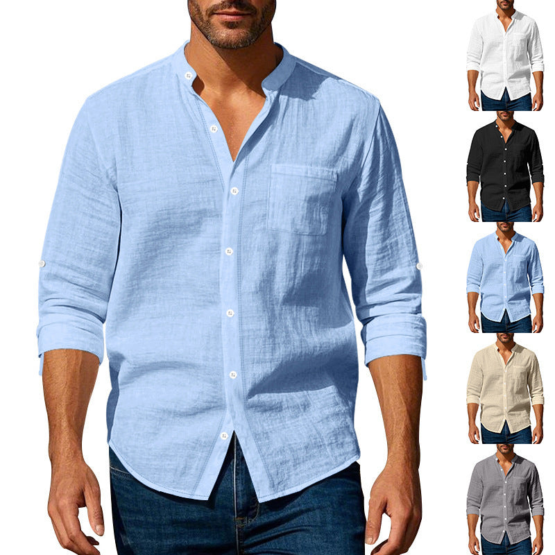 Men's Long Sleeve Stand Collar Shirt with Pockets - Casual Button-Up Top