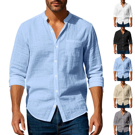Men's Long Sleeve Stand Collar Shirt with Pockets - Casual Button-Up Top