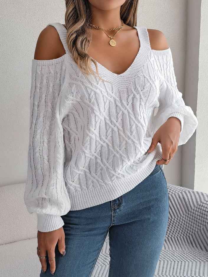 Women Casual Solid Color Cable Knit Off-Shoulder Lantern Sleeve Sweater