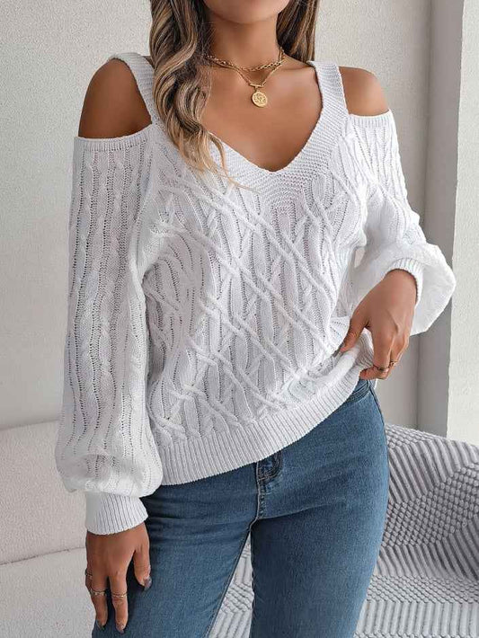 Women Casual Solid Color Cable Knit Off-Shoulder Lantern Sleeve Sweater