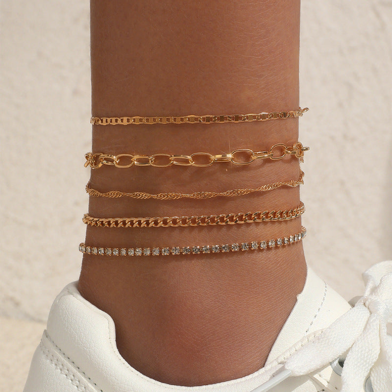 Snake Chain Anklet Set - 5-Piece Layered Metal Ankle Bracelets Collection