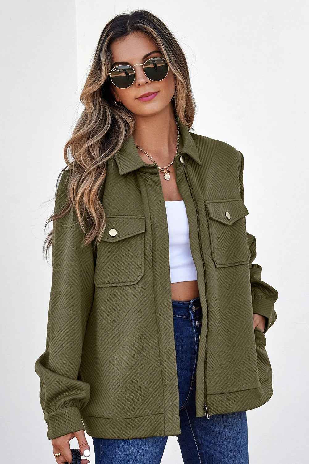 Women's Casual Lapel Texture Solid Color Long Sleeve Jacket