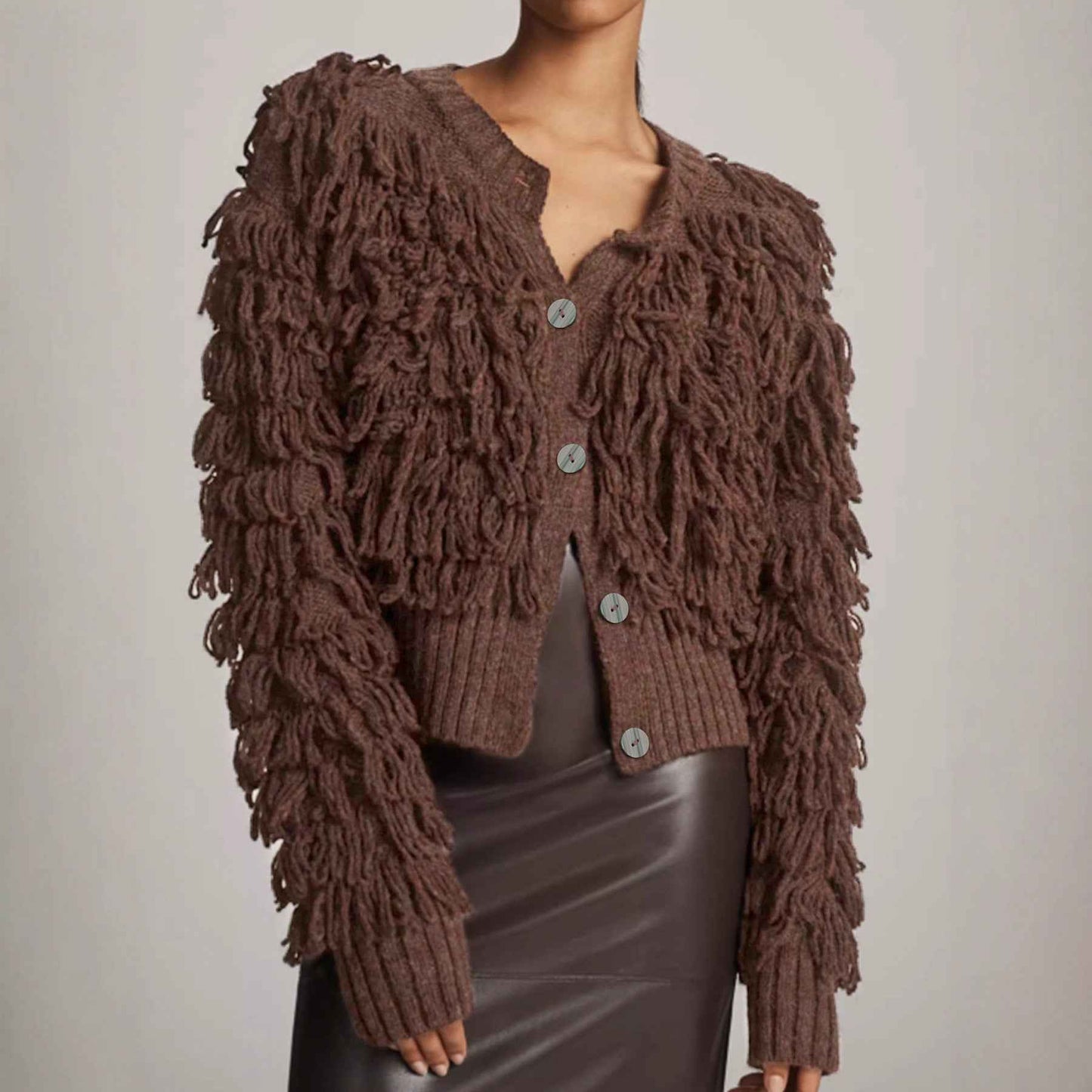Women's Knit Cardigan Button Loop Fringe Sweater