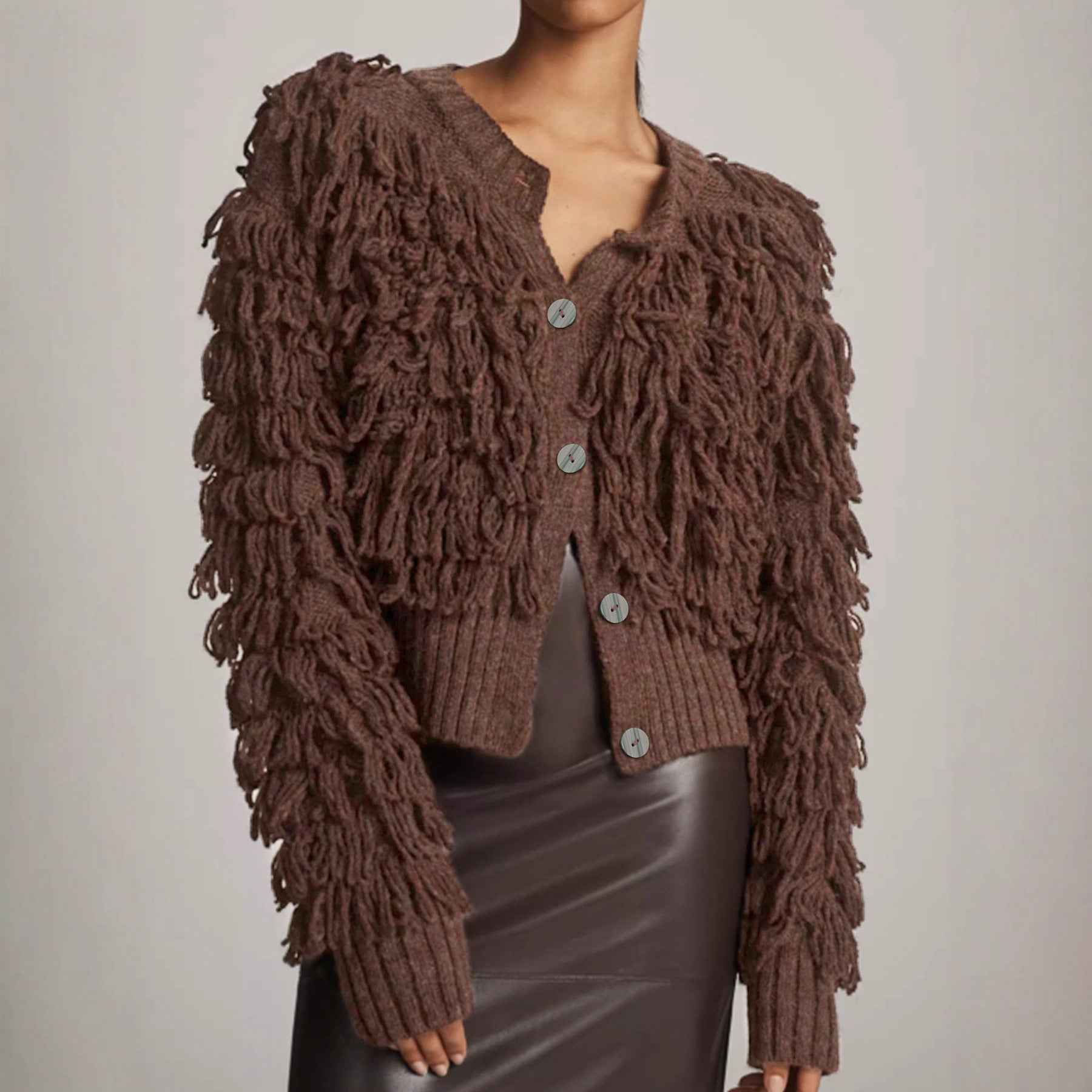 Women's Knit Cardigan Button Loop Fringe Sweater