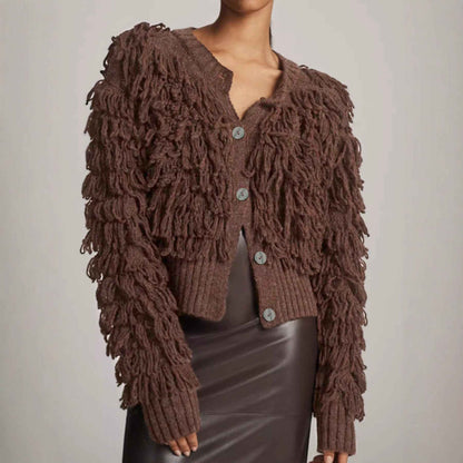 Women's Knit Cardigan Button Loop Fringe Sweater