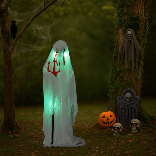 4.3ft Animatronic Ghost with Trident - Sound-Activated Halloween Decoration