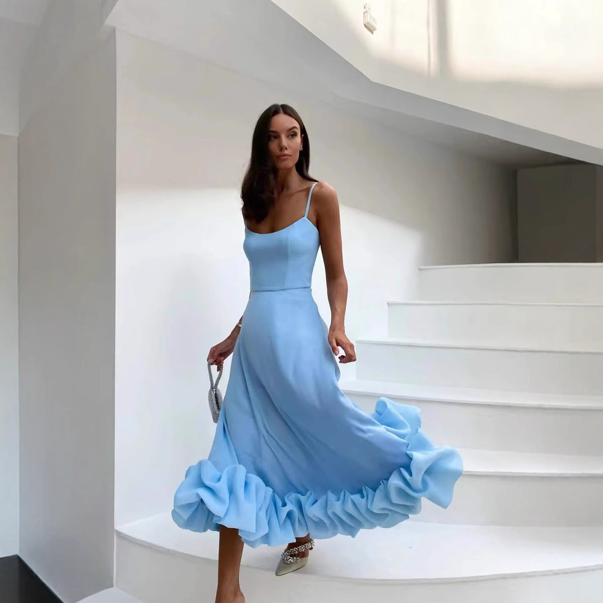 Women's A-Line Halter Dress with 3D Floral Details - Elegant Party Style