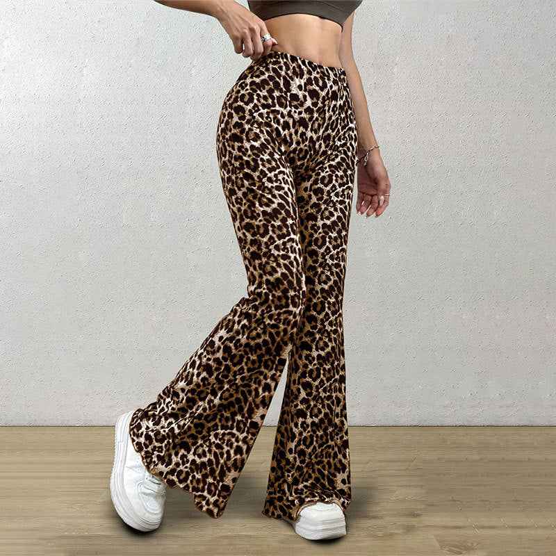 Casual Sexy Knitted Stretch Elastic Leopard Print Flared Pants