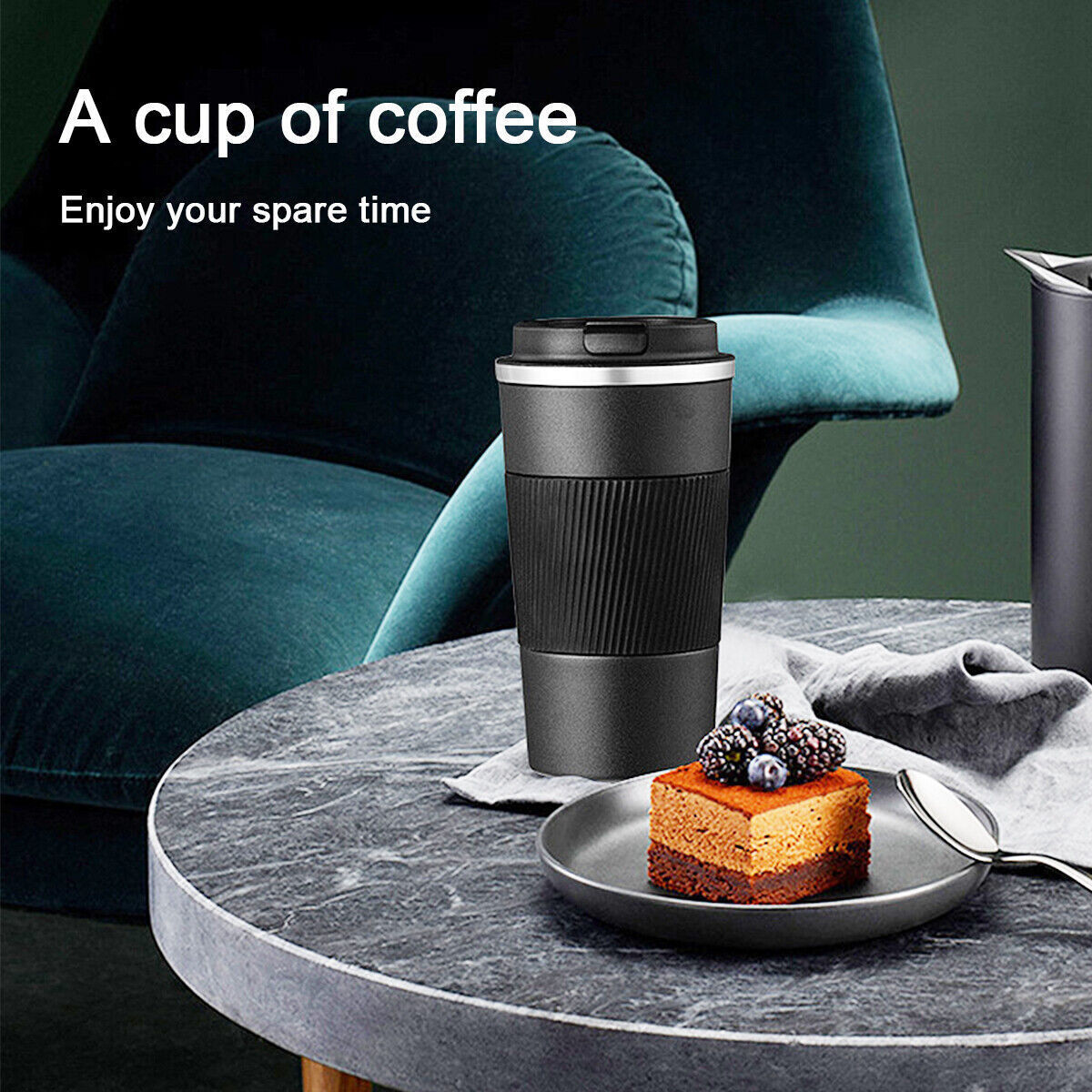 Insulated Travel Coffee Mug - 510ml Black Stainless Steel Flask