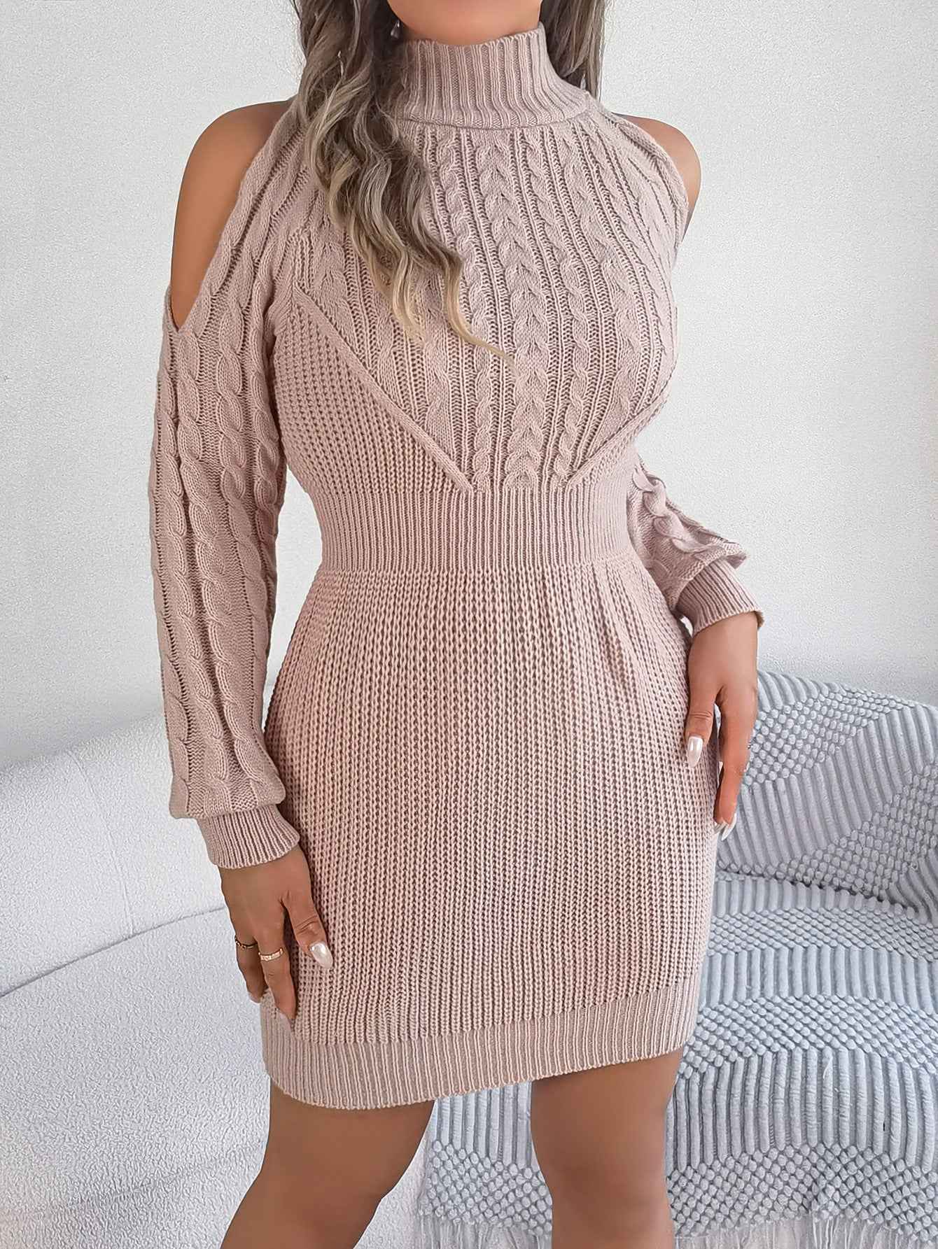 Women Casual Off-Shoulder Half Turtleneck Cable Knit Lantern Sleeve Bodycon Sweater Dress