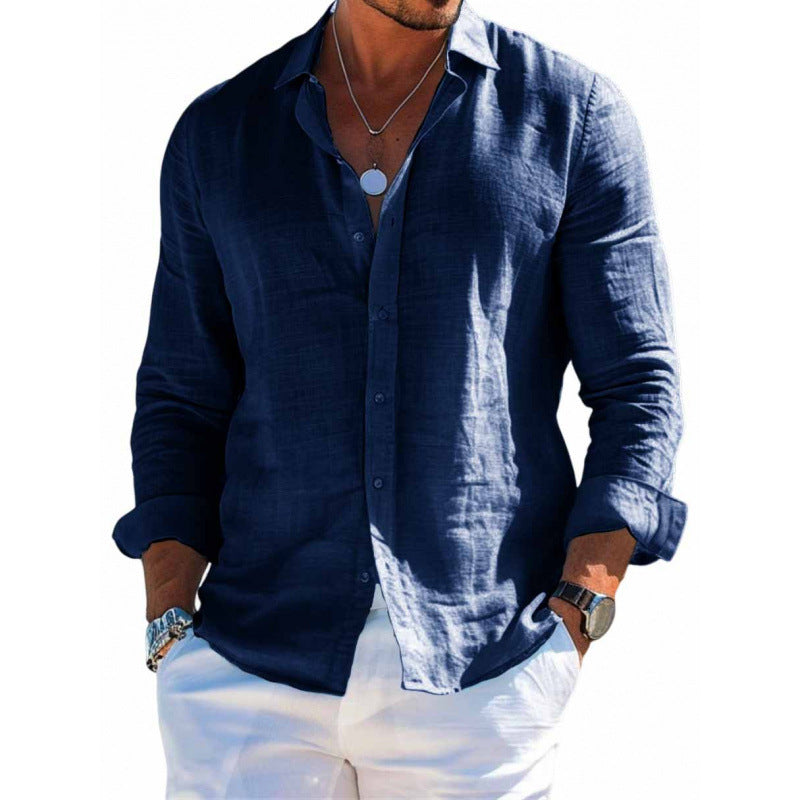 Men's Long Sleeve Casual Loose Lapel Button Shirt - Solid Color Plus Size Top