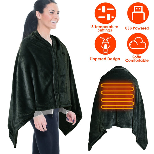 USB Heated Blanket Poncho - 59x31in Electric Heated Shawl Wrap with Zipper