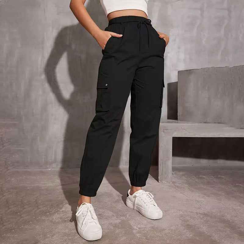 Polyester High Waist Wide Leg Ankle-tied Sports Pants