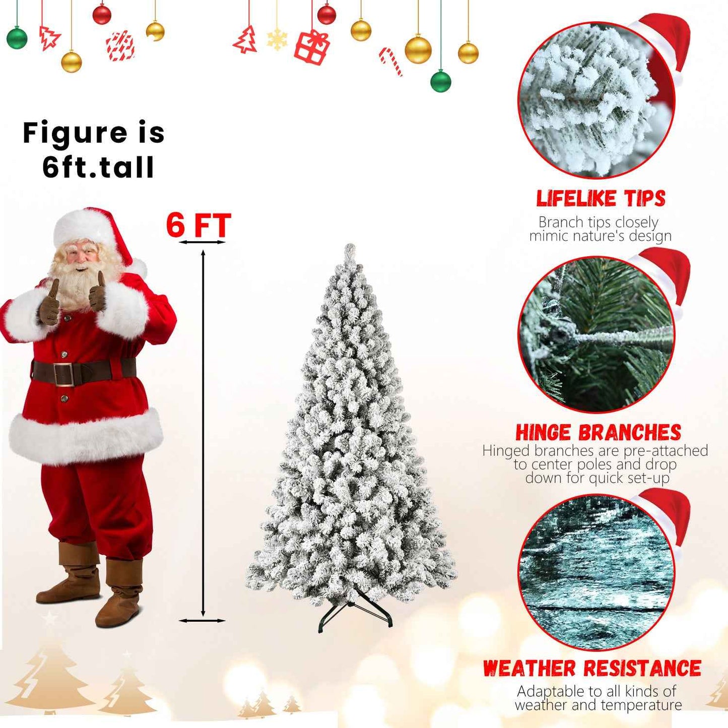 Pre-Lit Flocked Christmas Tree - 5ft-9ft Hinged Artificial Xmas Trees with Lights - DropOnline.co