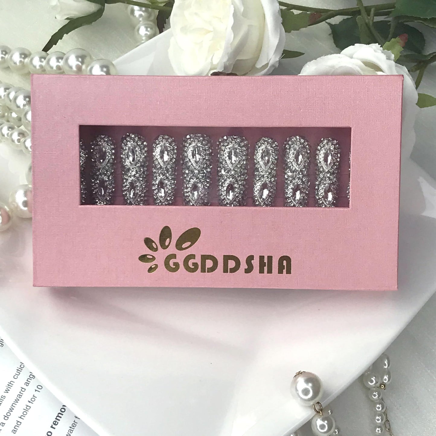 GGddsha Queen Of Haute Style Full Diamond Long NailsPMMA Acrylic Handmade Full Deluxe 3D Crystal Fake Nailsw Box, Gift For Women,Luxe Divinity