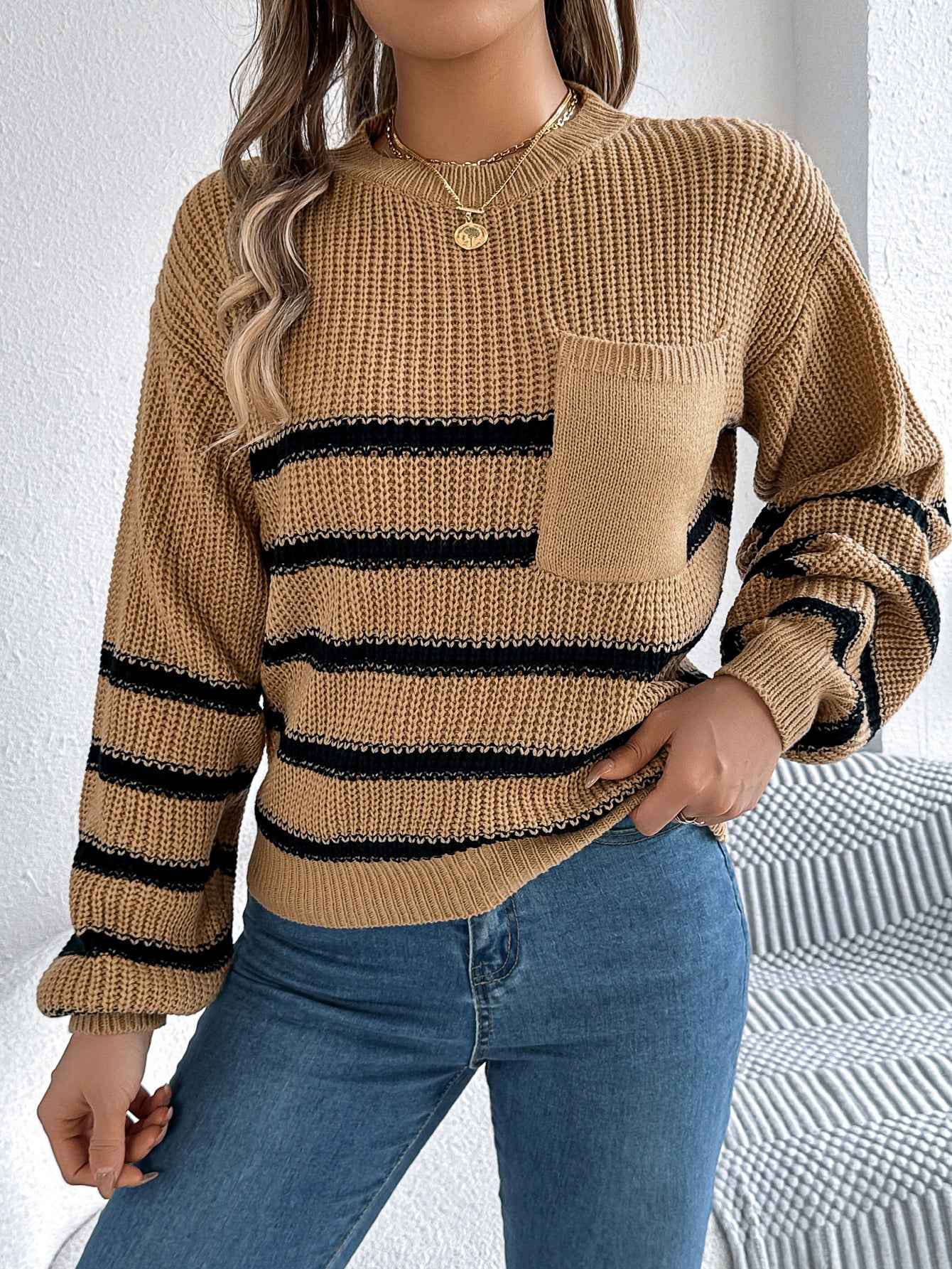 Women Casual Color Block Stripe Lantern Sleeve Pullover Sweater