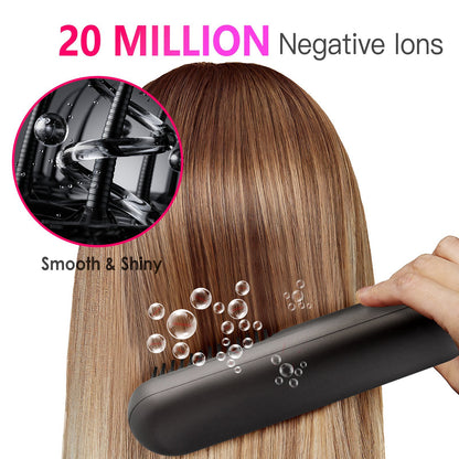 Grey-Black Options -- 1Pc Cordless Negative Ion Hair Straightener Brush Rechargeable Mini Styling Comb With 12 Heating Levels Anti-scald 30S Preheating 30Mins Auto Sleep LCD Display - DropOnline.co