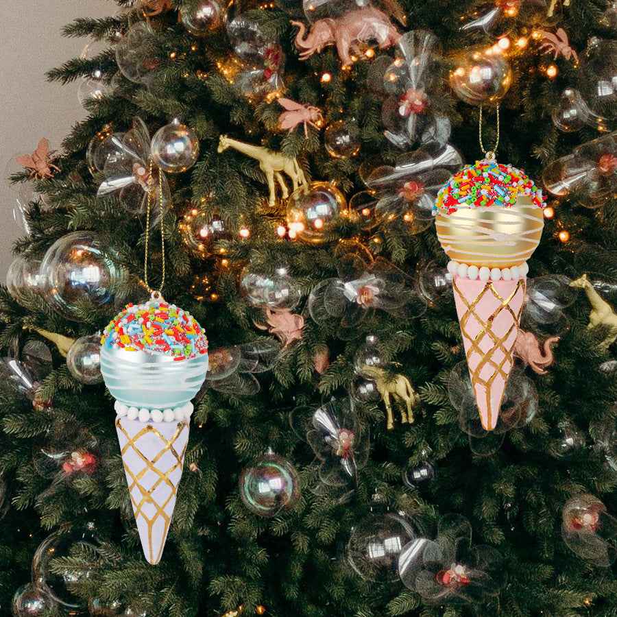 Glass Ice Cream Cone Christmas Ornament - Decorative Pendant Tree Decoration (2pc Set) - DropOnline.co