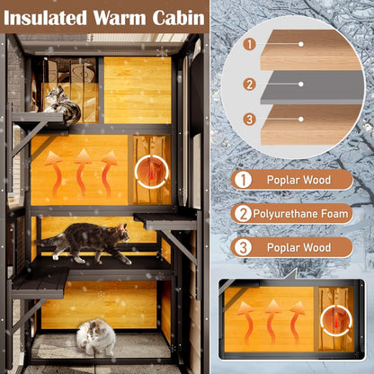 GO Large Cat Catio 4 Tiers Cat Enclosure For Outdoor, Cat House Weatherproof Attached To Window For Multiple Cats With Platforms And Resting Rooms, Brown - DropOnline.co