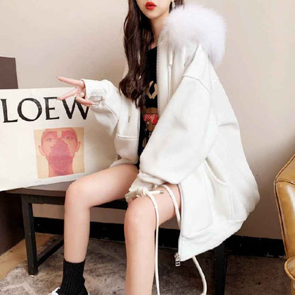 Plus Size Fleece-lined Thicker Hooded Cardigan Sweater Loose Design