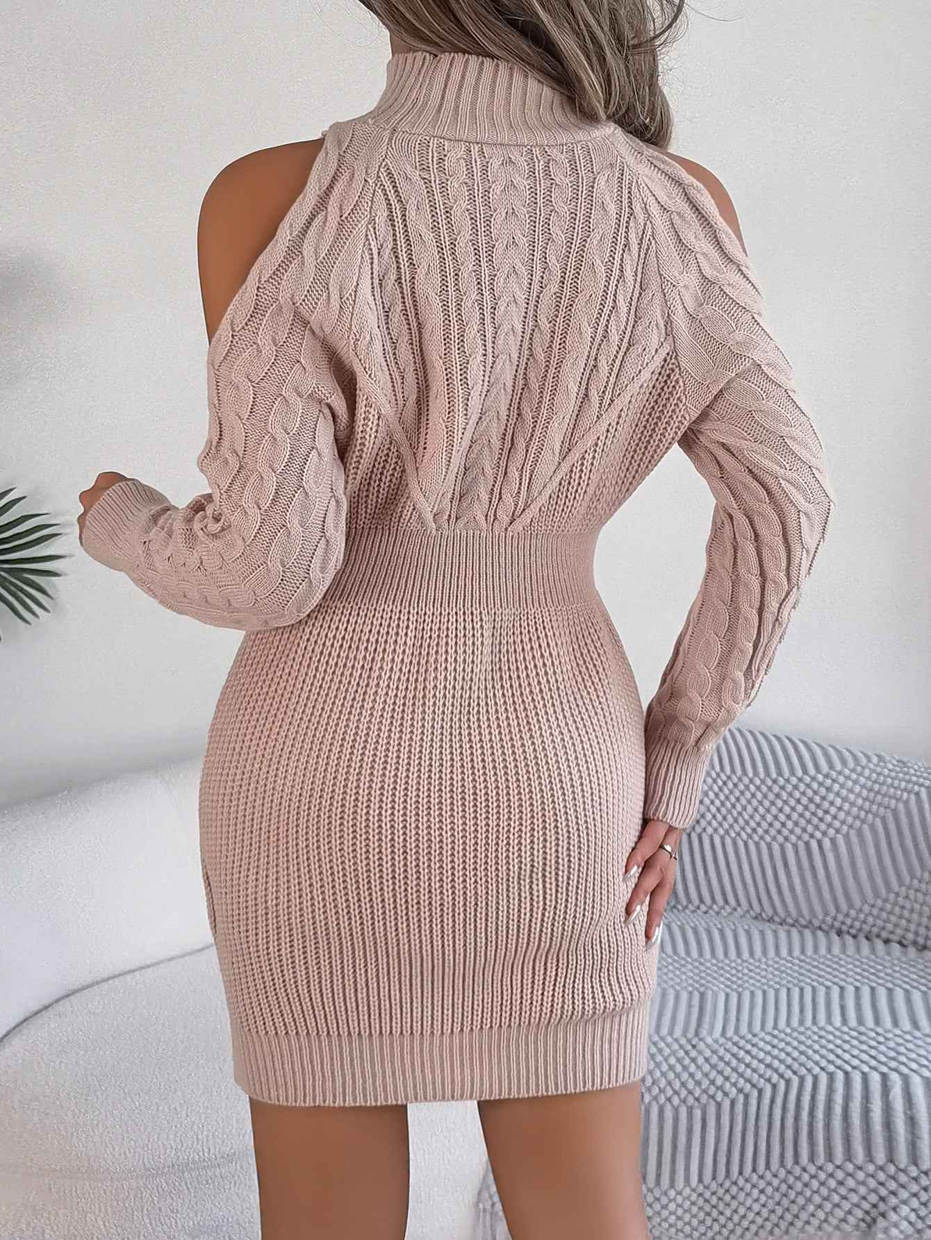 Women Casual Off-Shoulder Half Turtleneck Cable Knit Lantern Sleeve Bodycon Sweater Dress