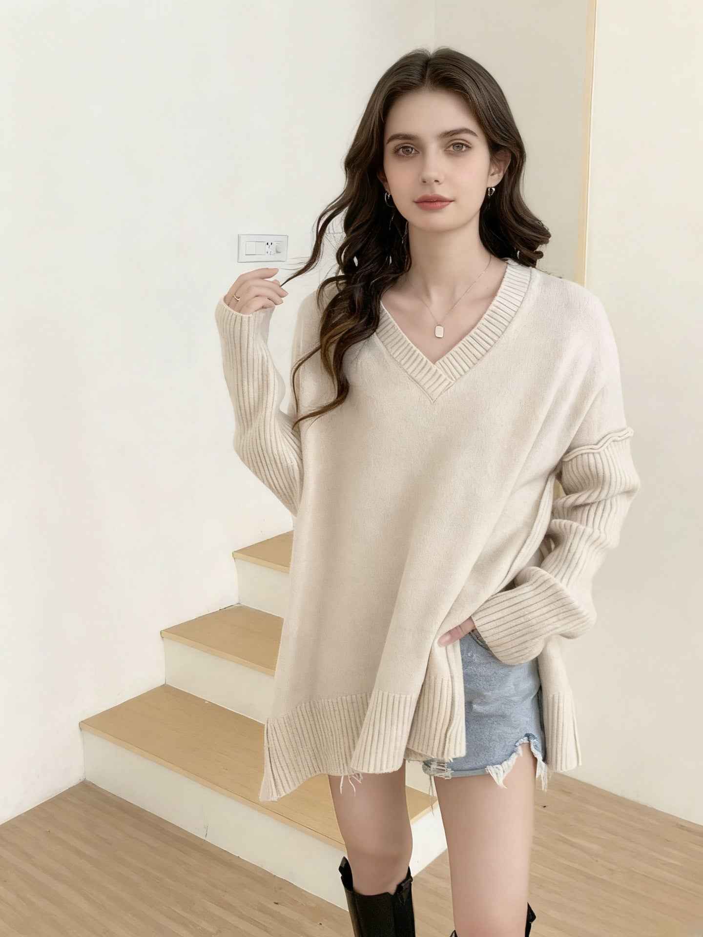 Knitwear Women's V-neck Plus Size Fashion Pullover Sweater